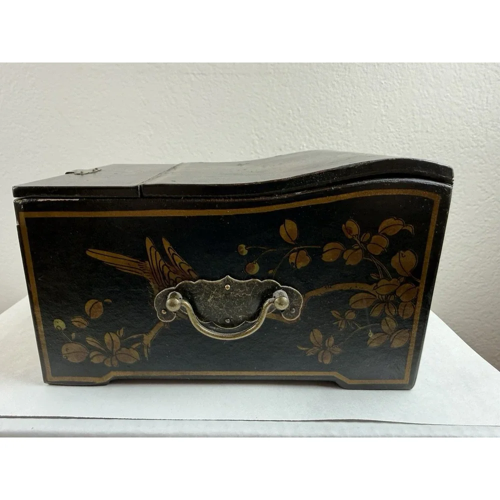 Antique Chinese Wood Lacquered Makeup Oval Vanity Fold Up Mirror Jewelry Box